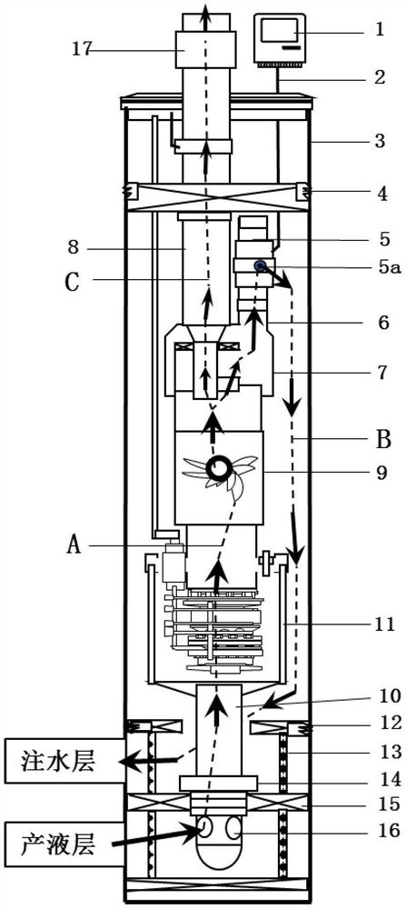 An upward hanging type downhole oil-water separation pipe string