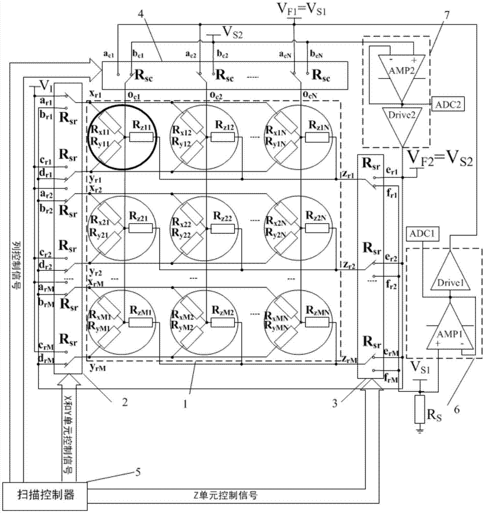 Readout circuit of resistive composite sensor array, and readout method thereof