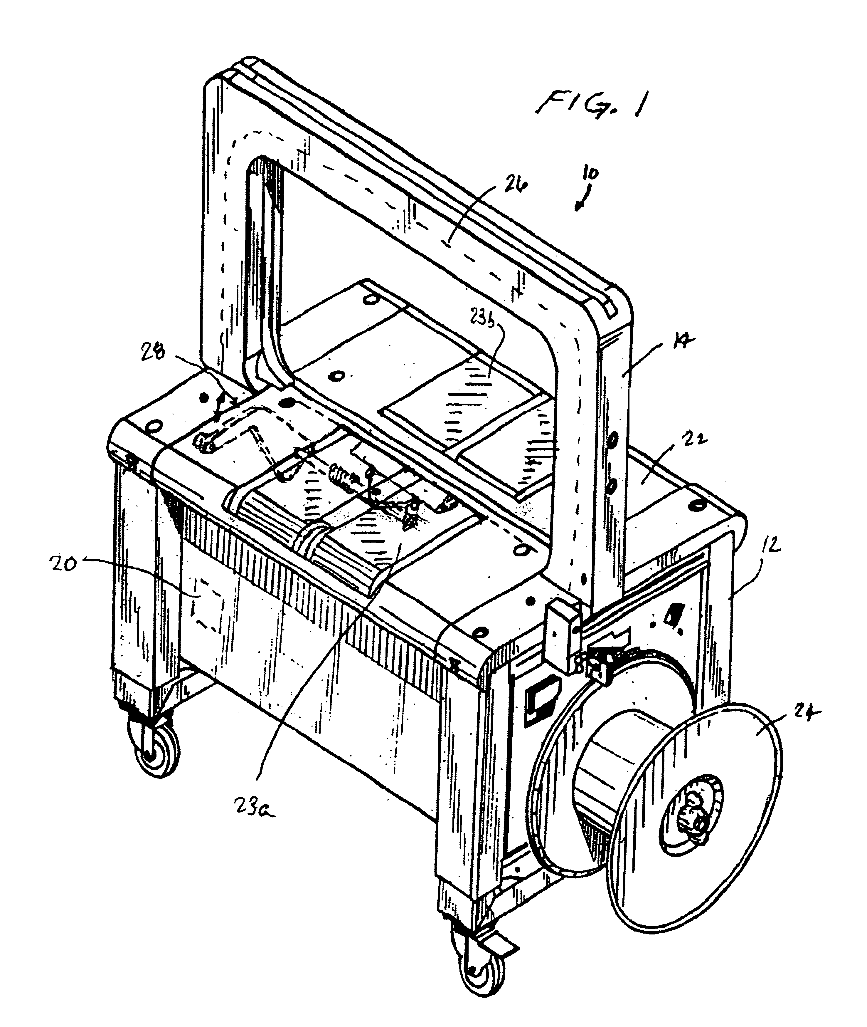 Strapping machine with automatic chute opening system