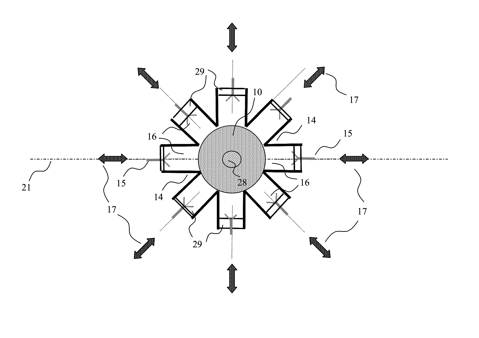 Radial power amplification device with phase dispersion compensation of the amplification paths