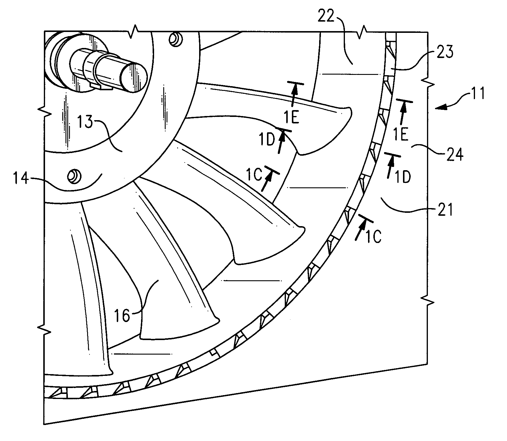 Axial fan casing design with circumferentially spaced wedges
