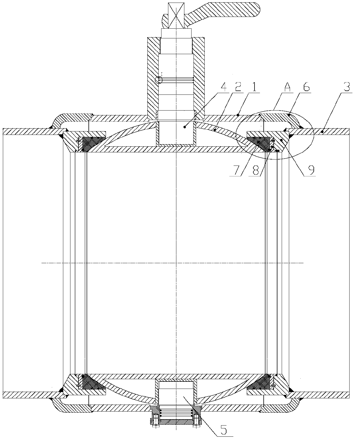 A sealing structure of a super-large caliber full-welded ball valve
