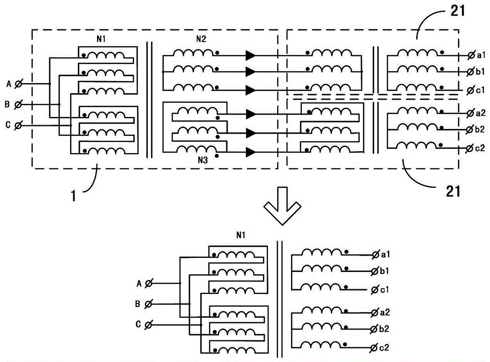 Rail transit power supply system twin coil access medium-voltage energy feed system and method