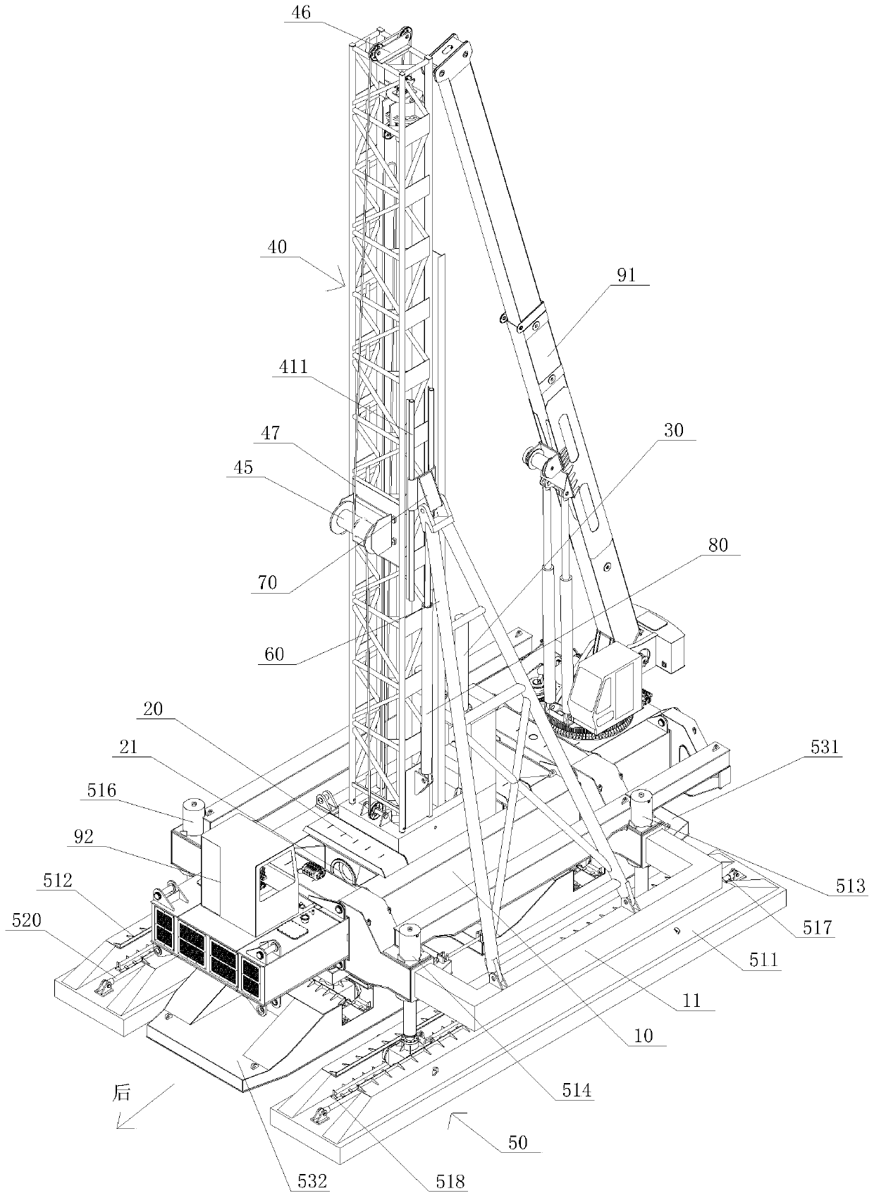 Side part support variable amplitude mixing pile pressing integrated machine and construction method thereof