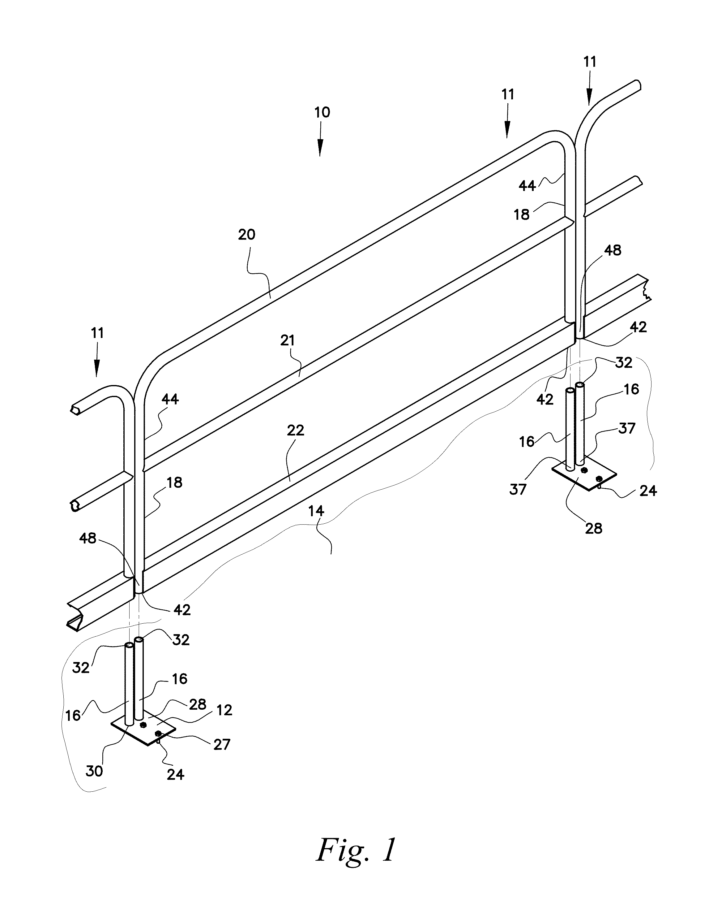 Metal safety rail for open floors of a building under construction