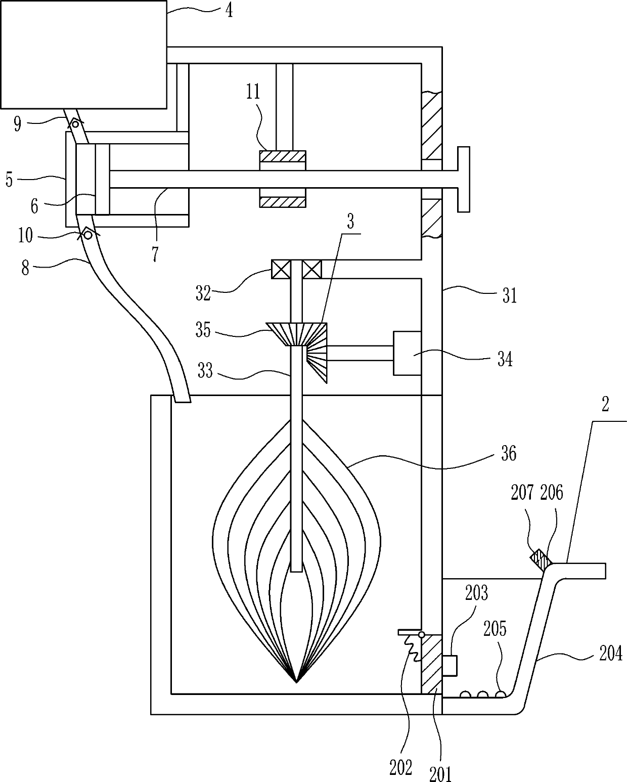 An intermittent feeding and stirring paint brushing device for decoration paint