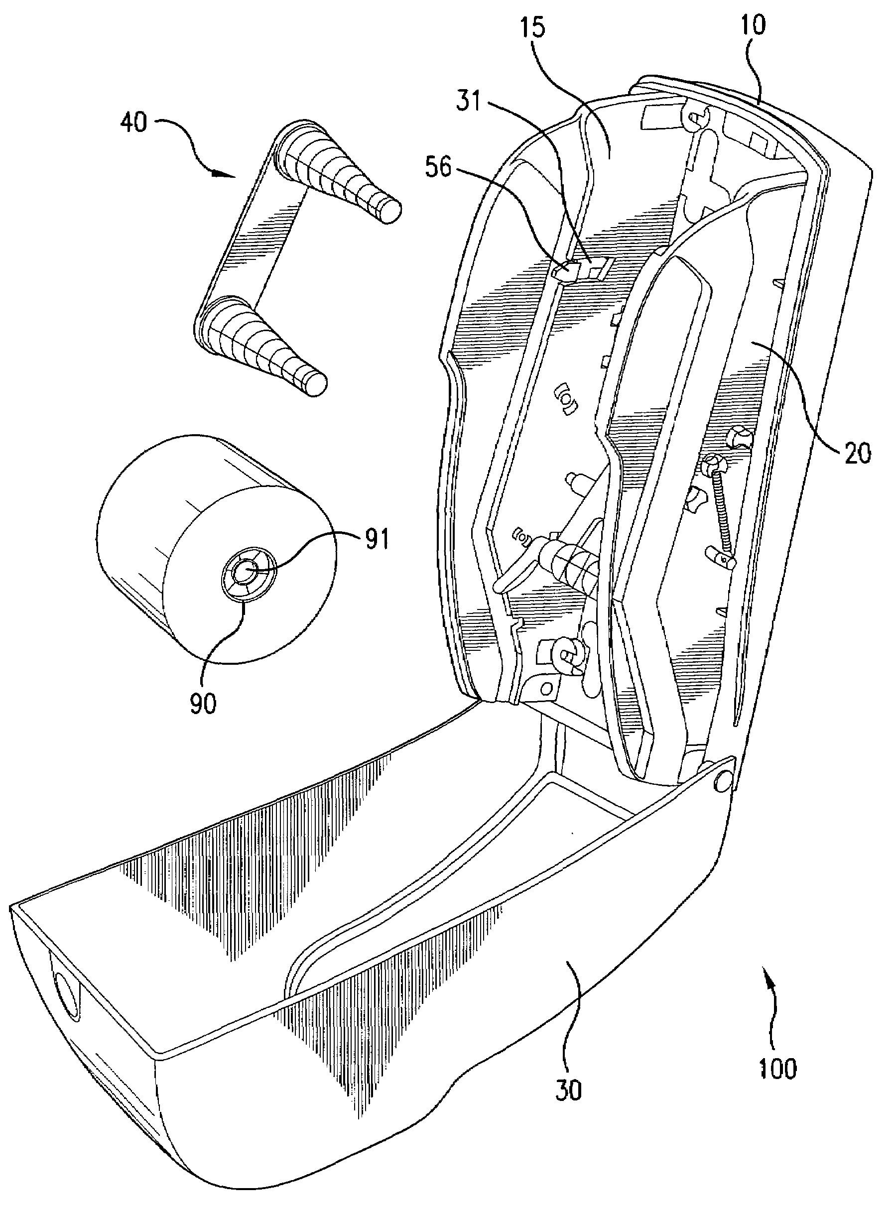 Dispenser that automatically transfers rolls of absorbent material, method of reloading same, and rolls of absorbent material for use in same