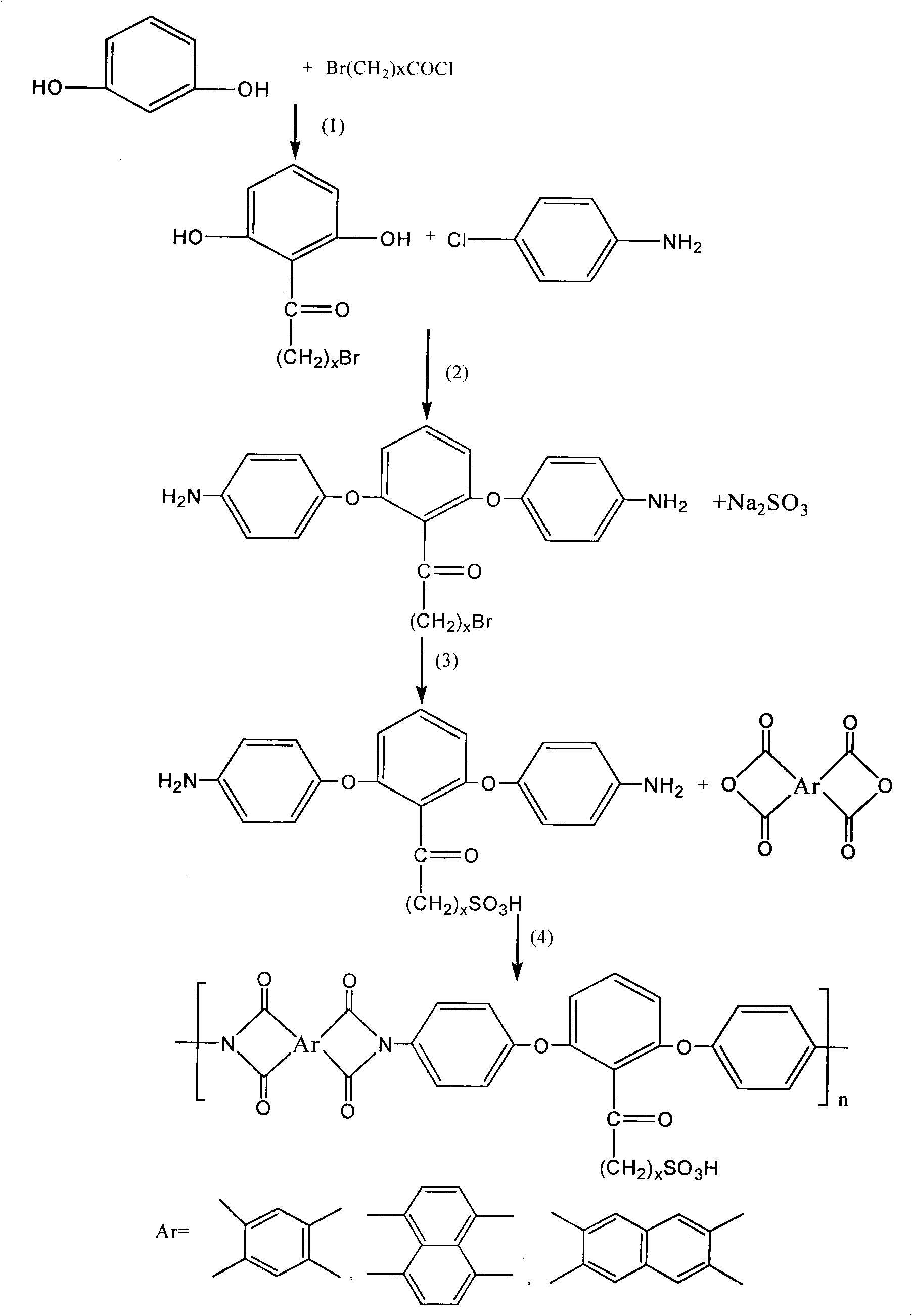 Low-swelling sulfonation polyimide proton exchanging membrane and preparation thereof