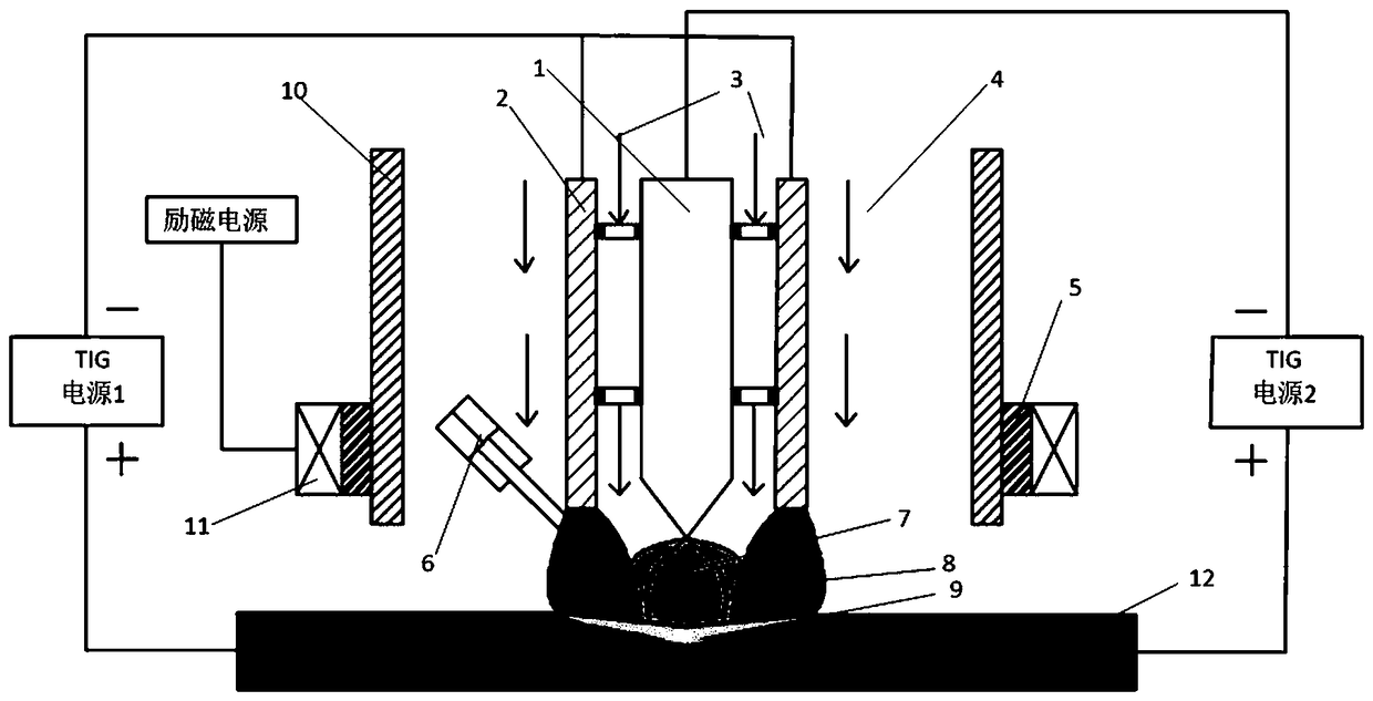 Welding method for gas-magnetic combined control double-tungsten-electrode TOPTIG