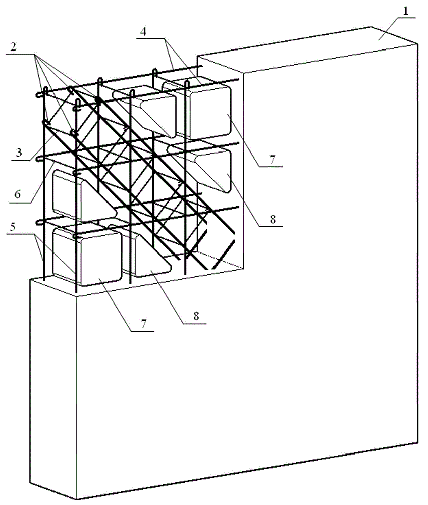 Hollow shear wall structure for cross diagonal reinforcing bar and construction method thereof