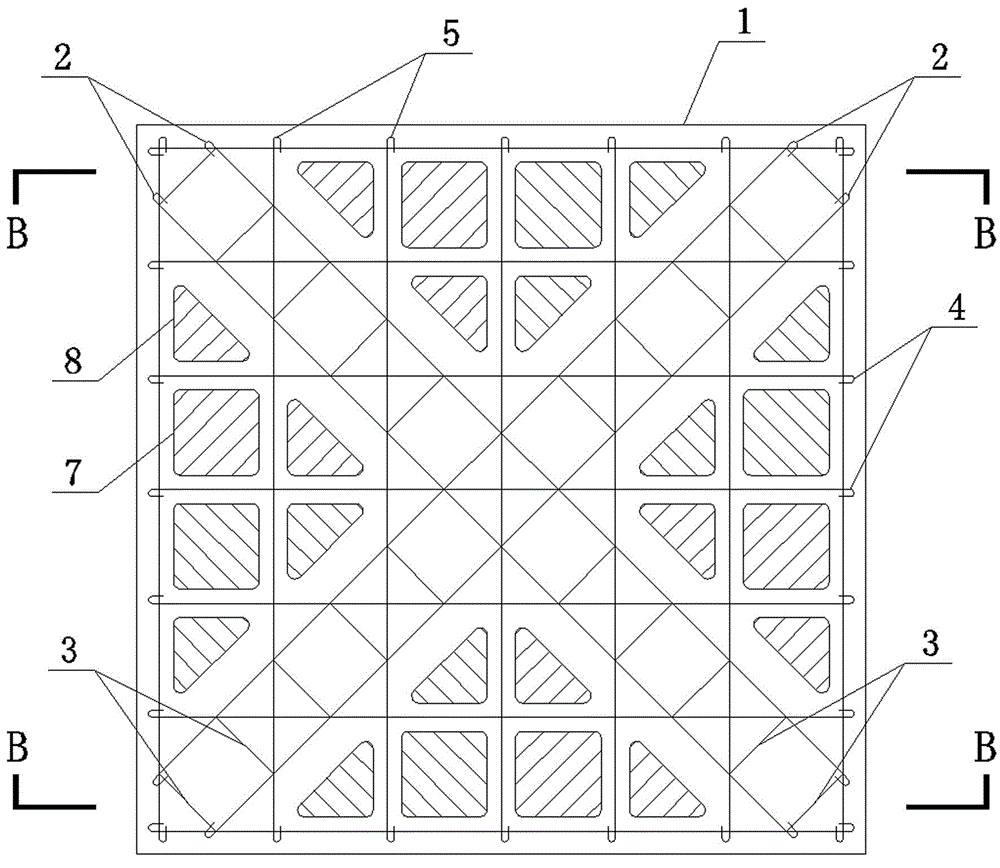 Hollow shear wall structure for cross diagonal reinforcing bar and construction method thereof