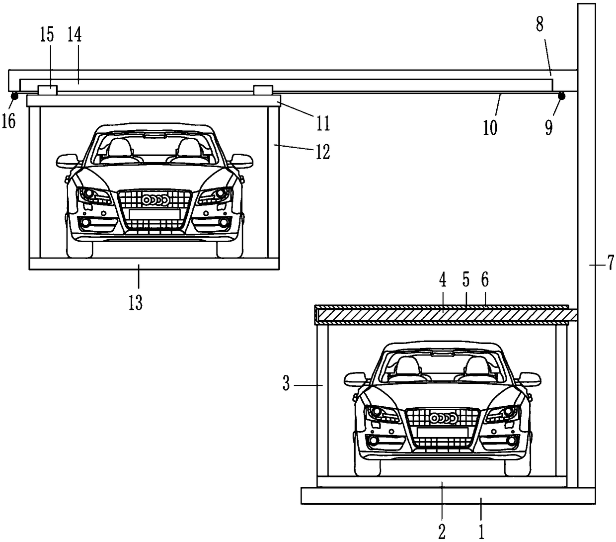 Two-layer three-dimensional garage providing convenience for parking and taking