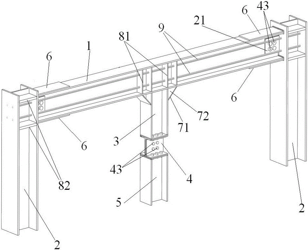 Prestressed assembled middle column steel frame recoverable in function