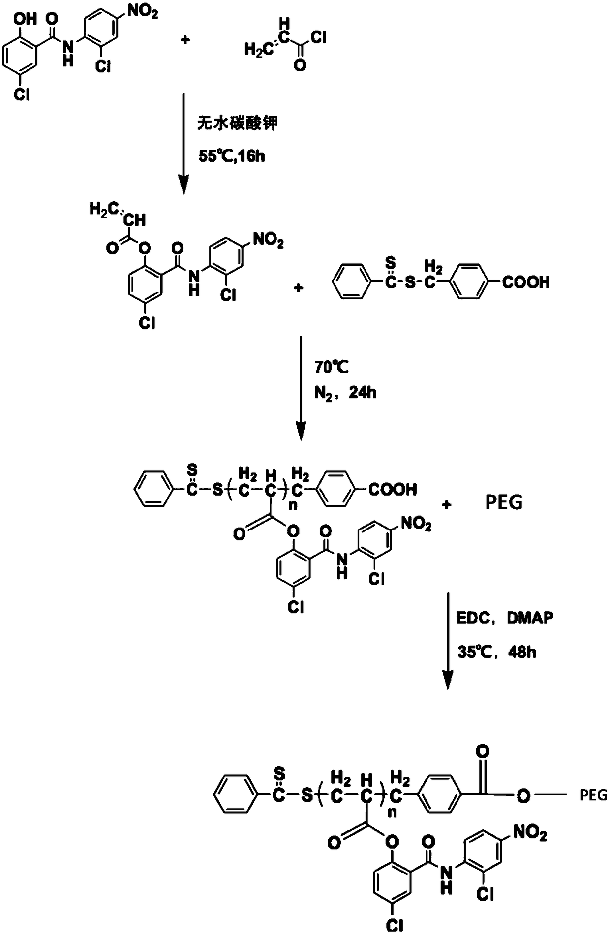 Water-soluble pegylated niclosamide and its preparation method and application in antitumor therapy