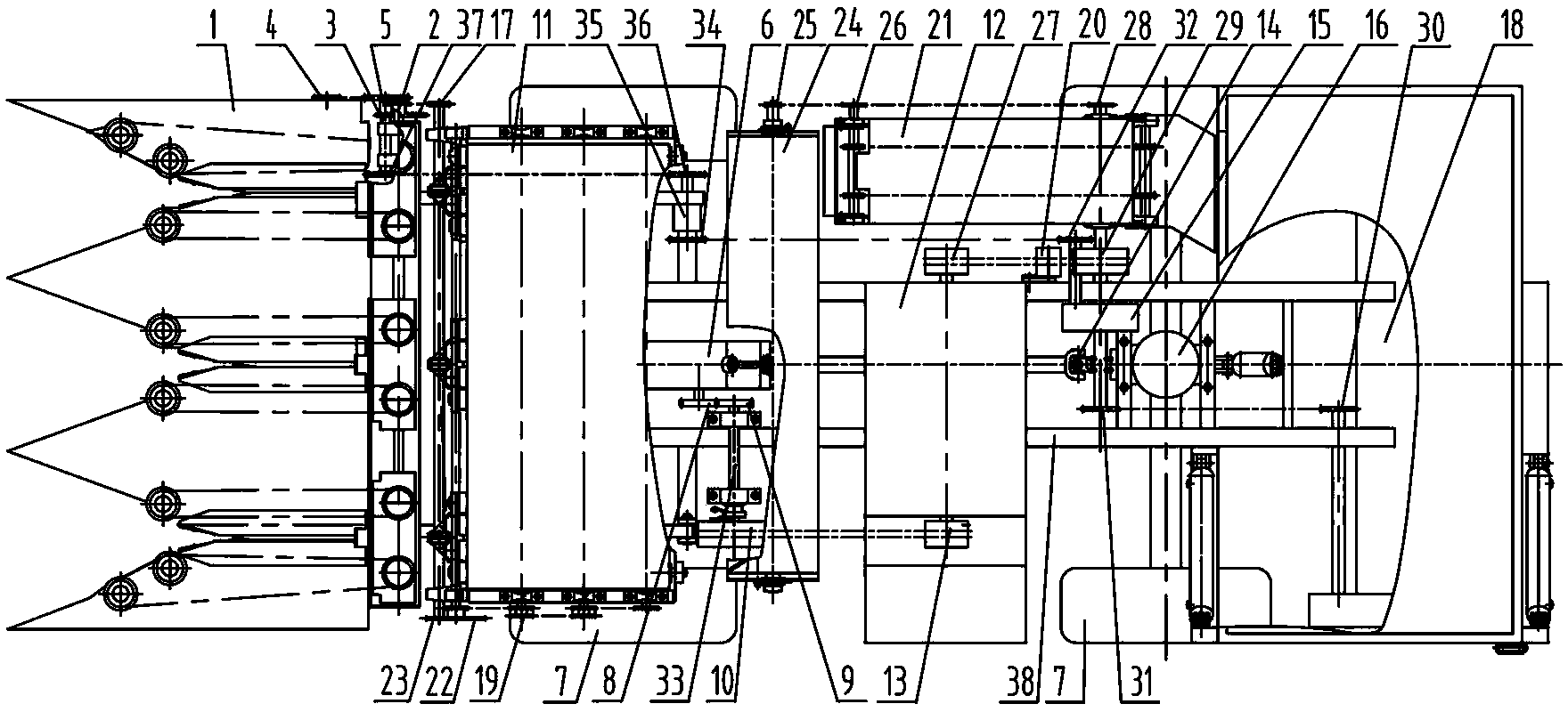 Front-arranged four-wheel-drive maize harvesting machine transmission mechanism of peeling machine
