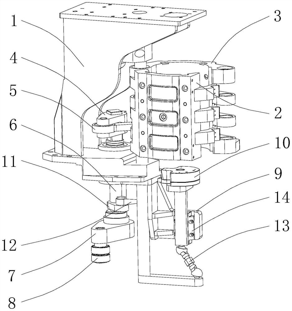 Jointed connecting link mechanism with linkage between moving side mold and bottom mold of bottle blowing machine