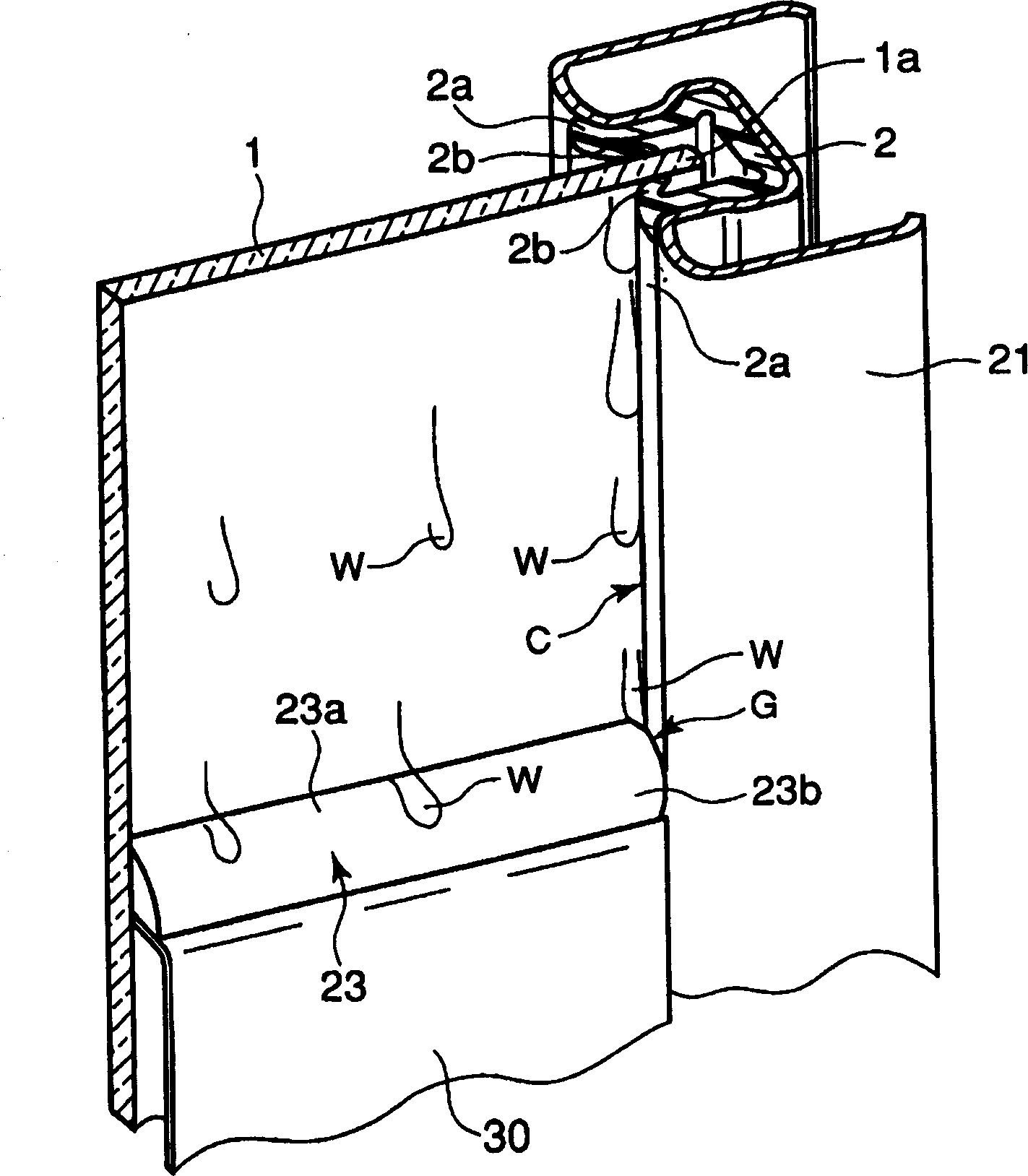 Water drop induction structure of elevating glass