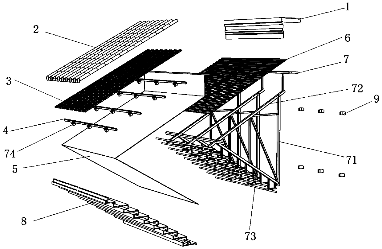 Combined roofing system of metal tiles and metal eave rafters