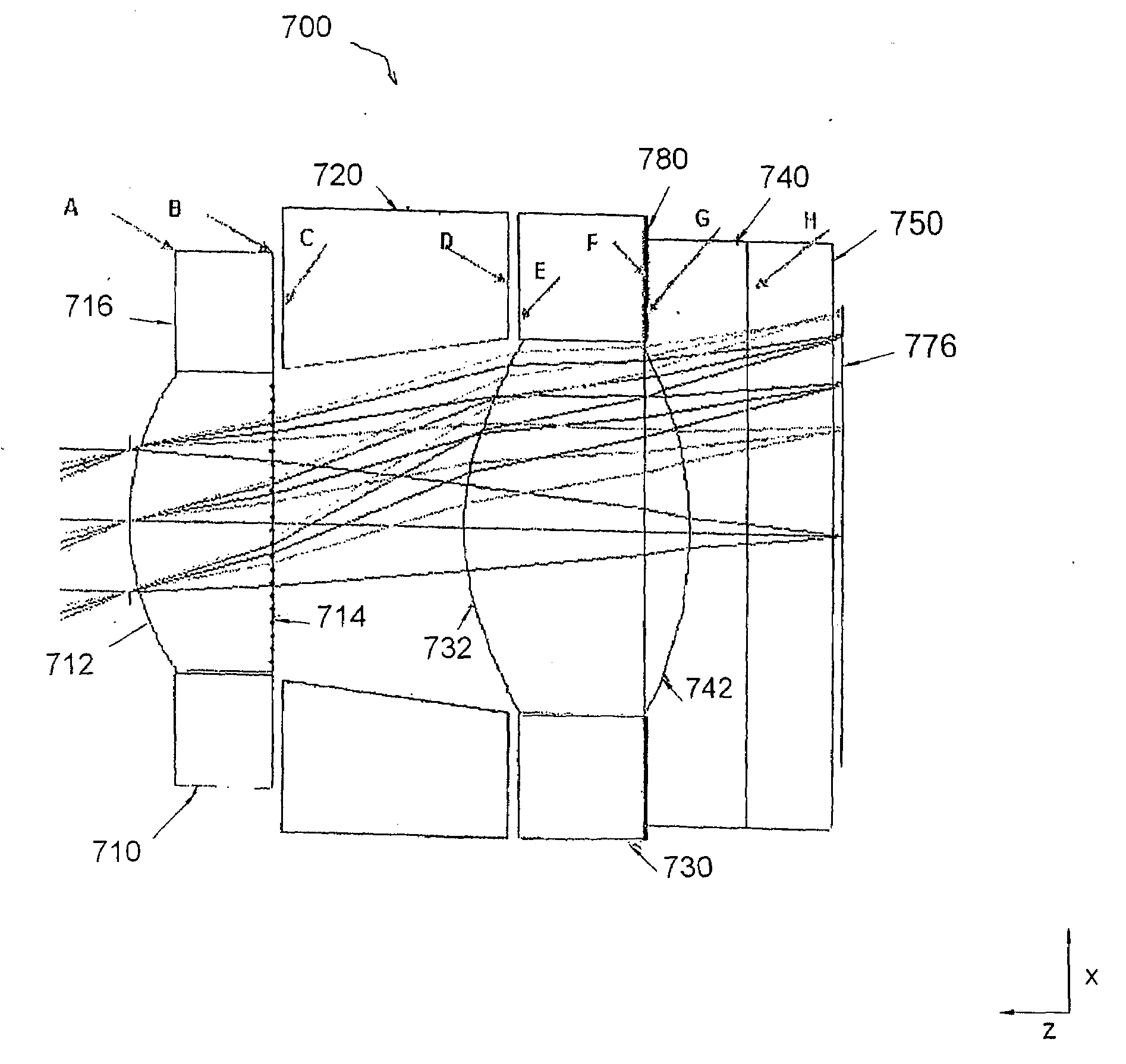 Internal noise reducing structures in camera systems employing an optics stack and associated methods