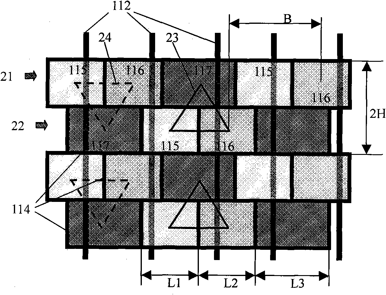 Plasma display panel provided with triangular pixel structure and driven according to sub-row branch fields