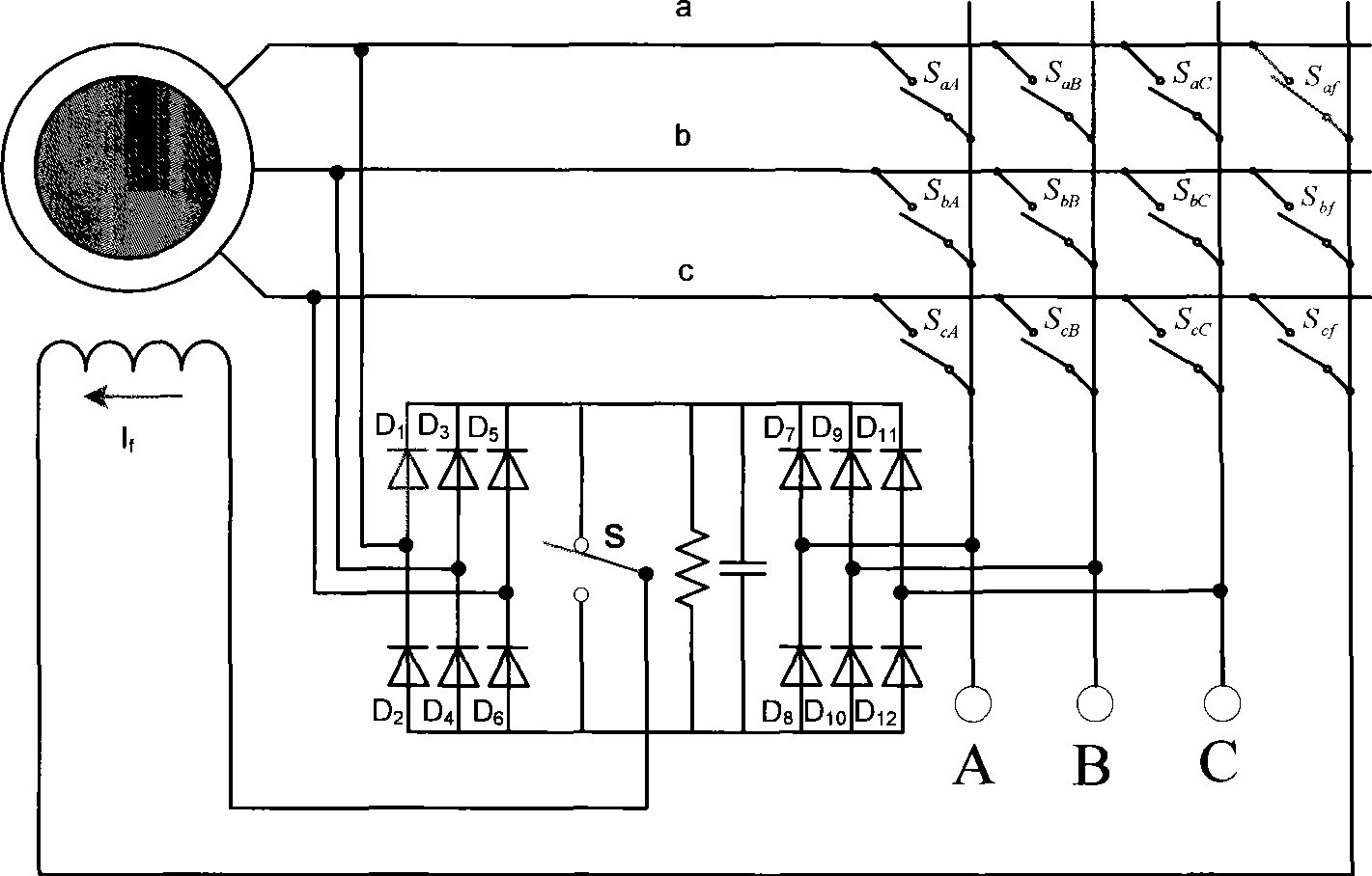 Three phase four bridge arm matrix type converter having excitation function