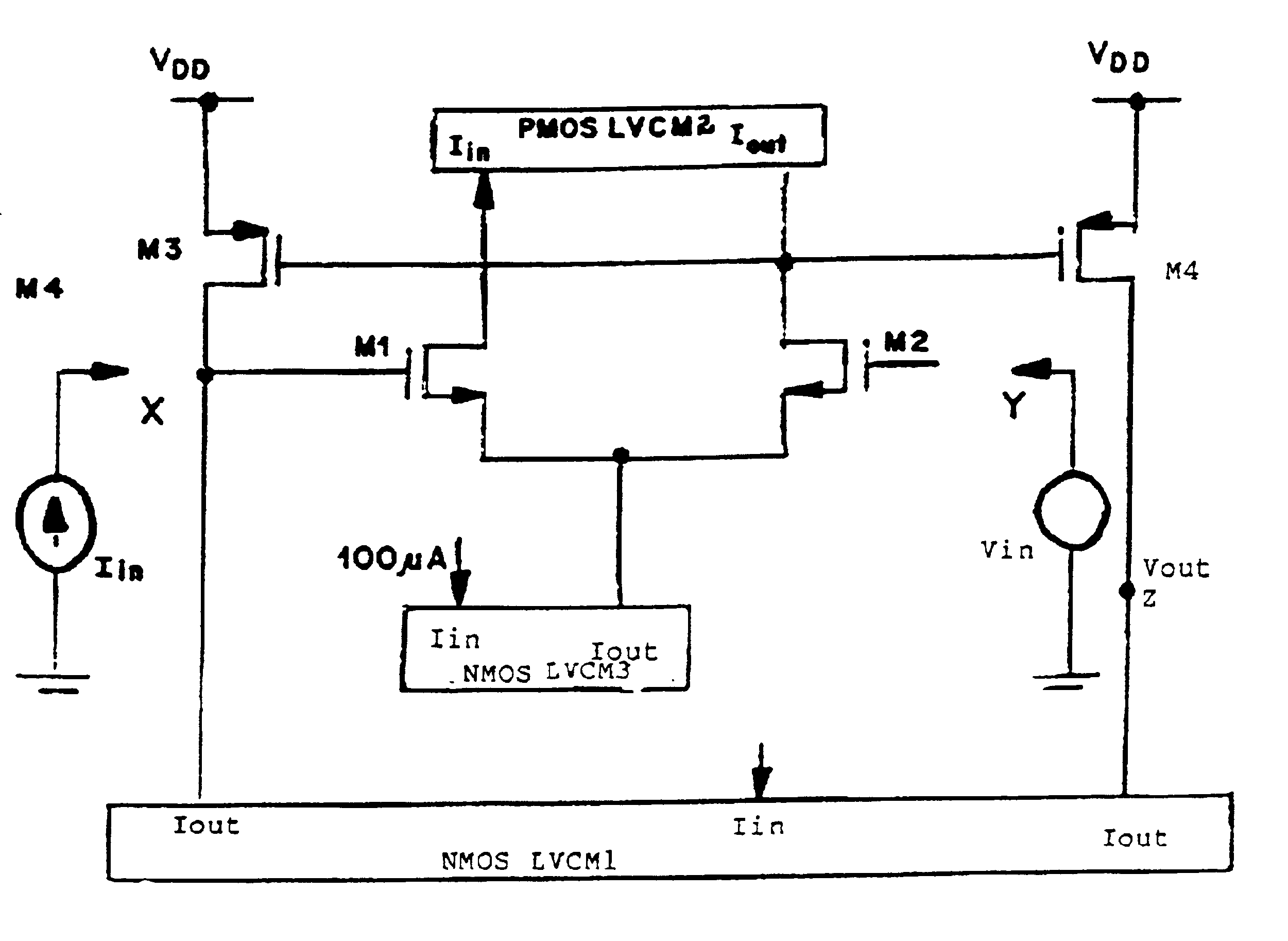 Simulated circuit layout for low voltage, low paper and high performance type II current conveyor