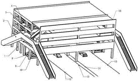 Lifting and horizontal-moving three-layer overpass garage stretching across road