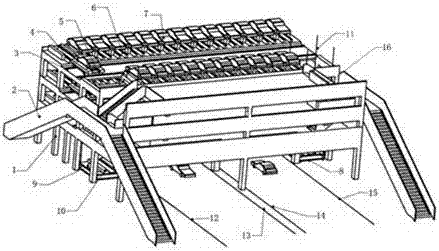 Lifting and horizontal-moving three-layer overpass garage stretching across road