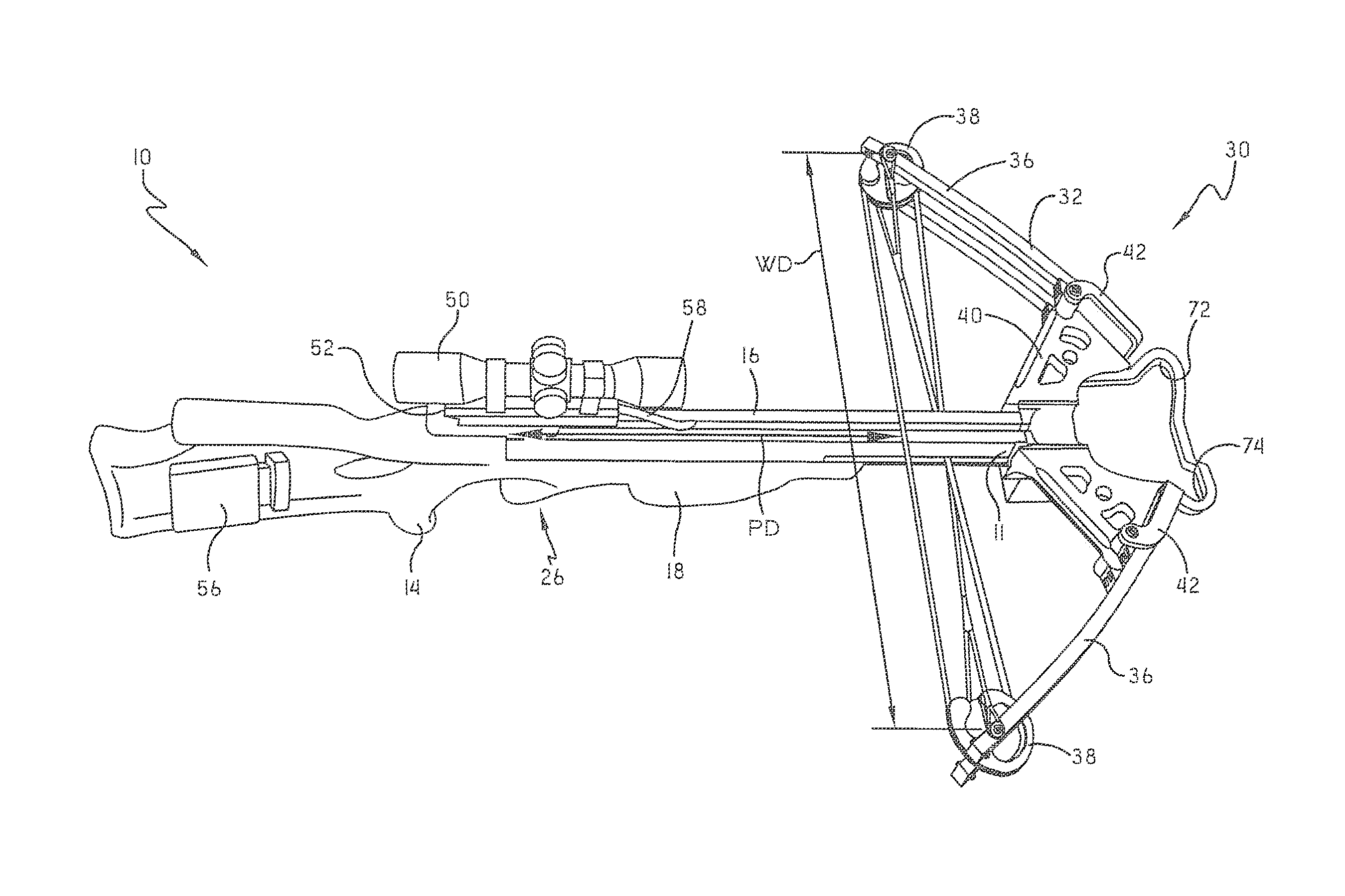 Narrow crossbow with large power stroke