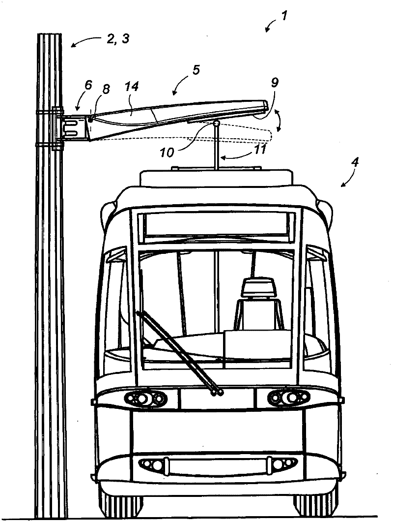 Aerial assembly for supplying electrical power to ground vehicle provided with upper collecting structure