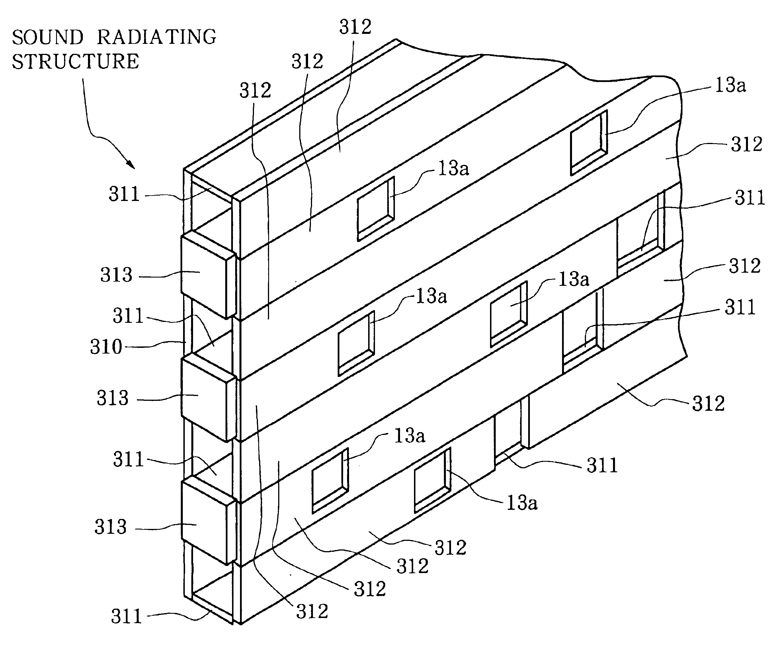 Sound radiating structure, acoustic room and sound scattering method