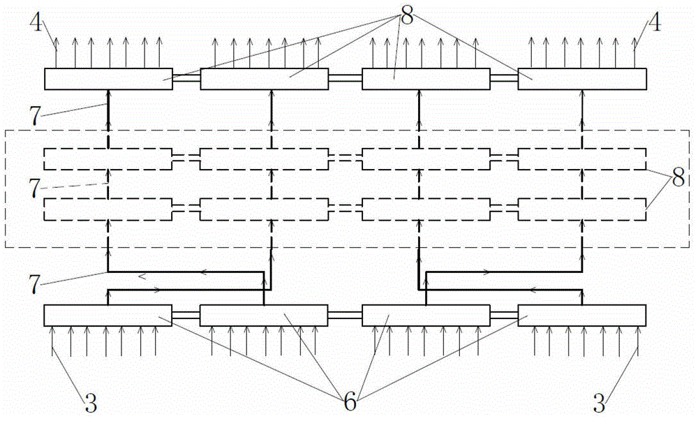 A water-cooled wall with double headers in the middle of a boiler