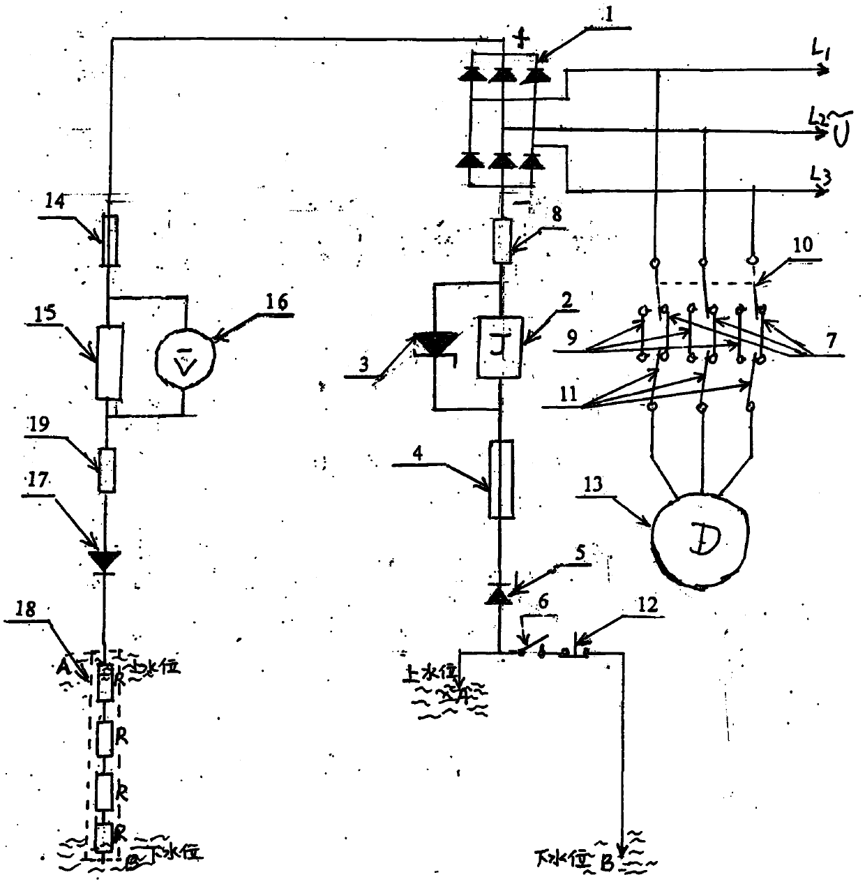 Three-phase water pump water supply and drainage control and voltage-type water level display