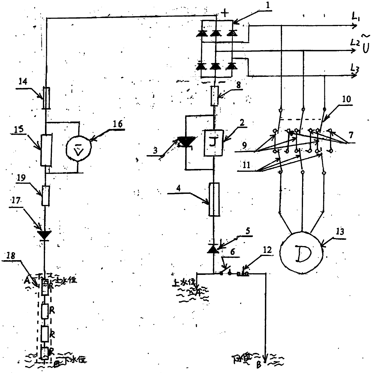 Three-phase water pump water supply and drainage control and voltage-type water level display