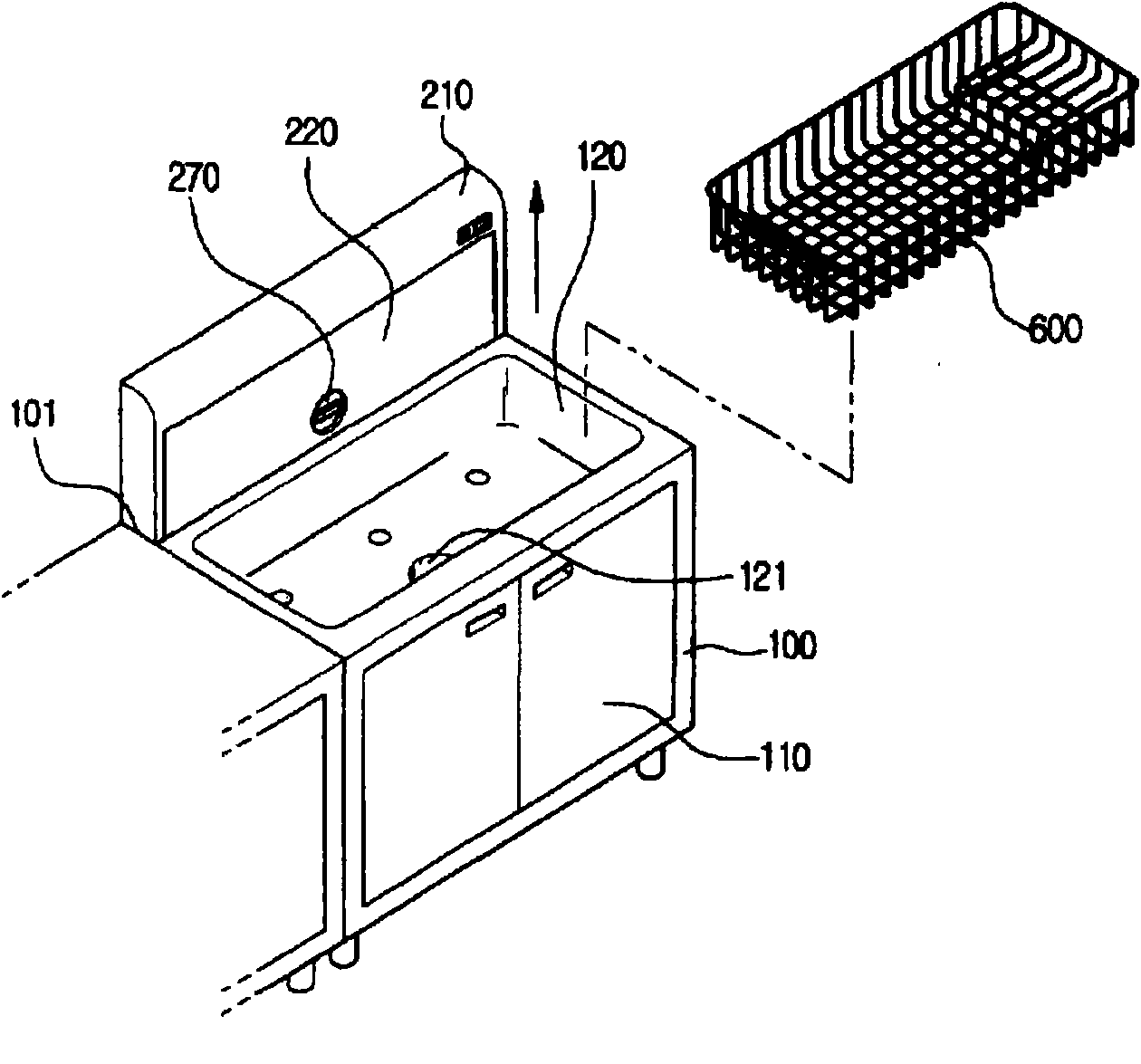 Kitchen sink with a dish-washing apparatus, and washing-water spray apparatus therefor