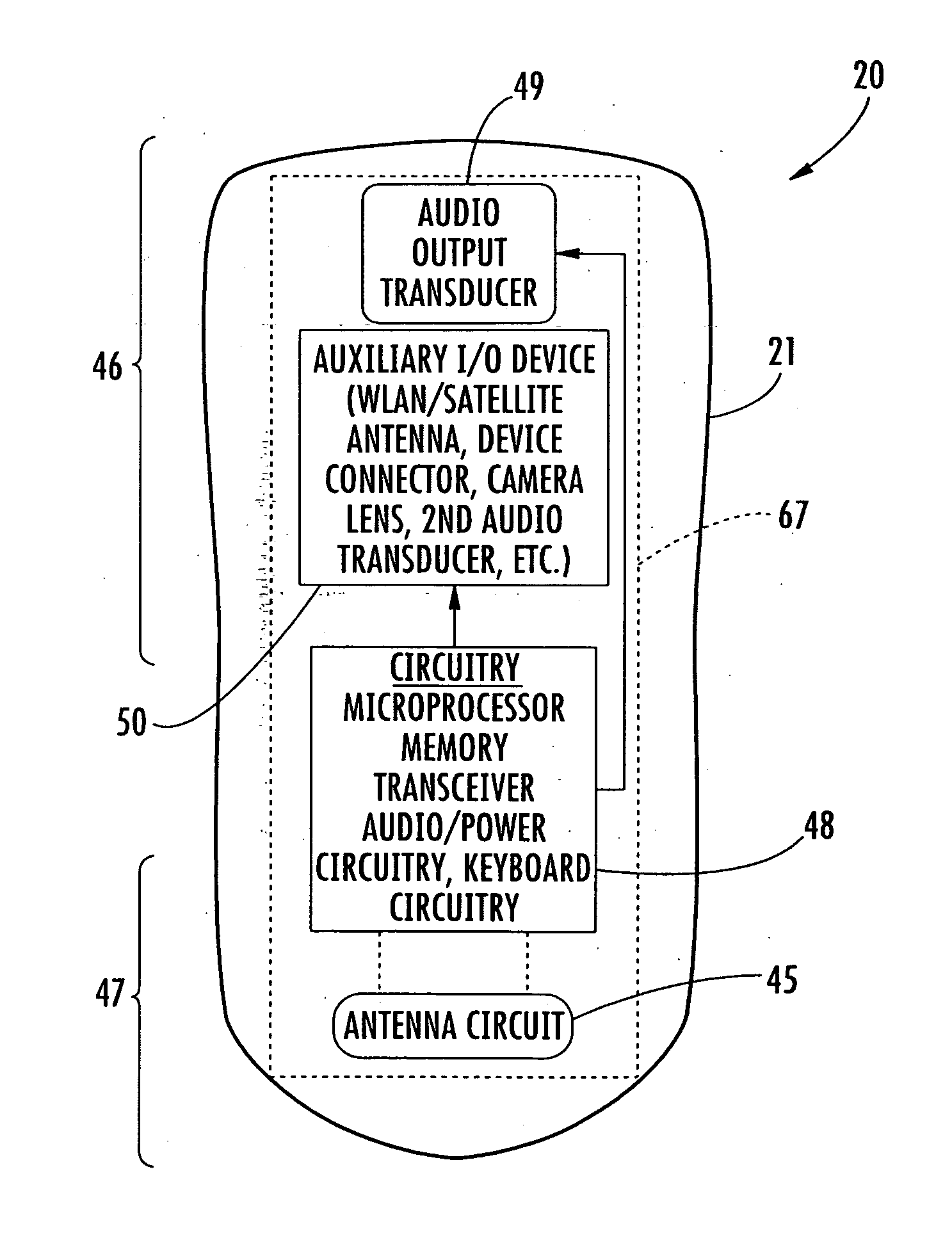 Mobile wireless communications device with reduced microphone noise from radio frequency communications circuitry