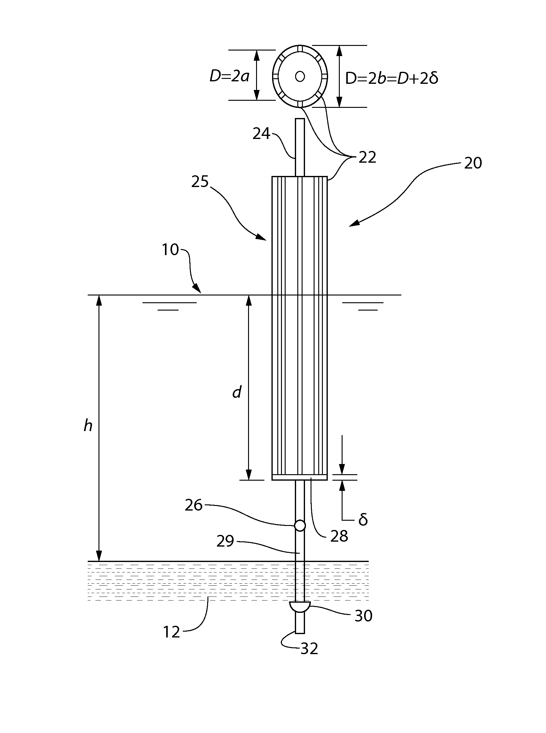 Articulated bed-mounted finned-spar-buoy designed for current energy absorption and dissipation