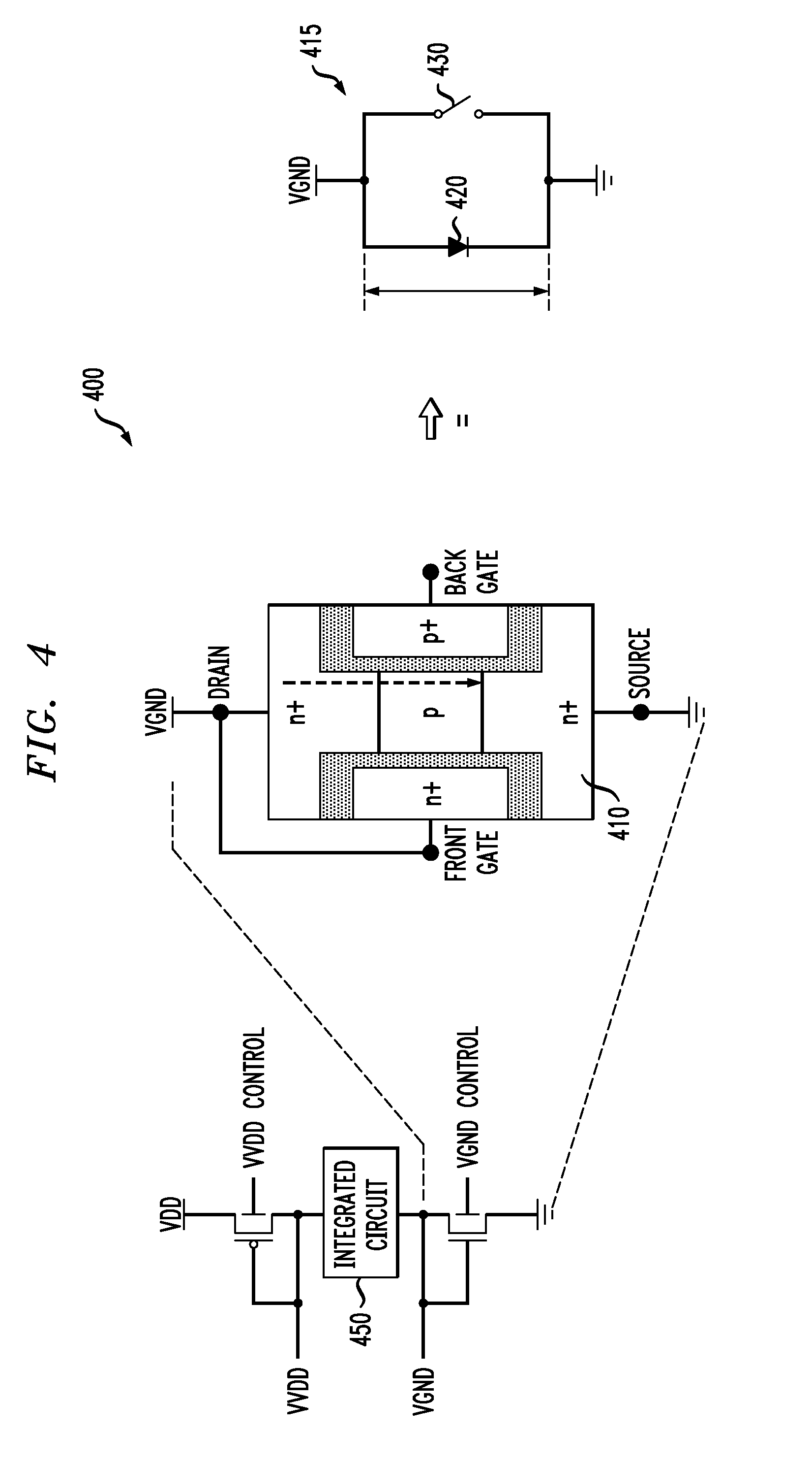 Methods and Apparatus for Varying a Supply Voltage or Reference Voltage Using Independent Control of Diode Voltage in Asymmetrical Double-Gate Devices