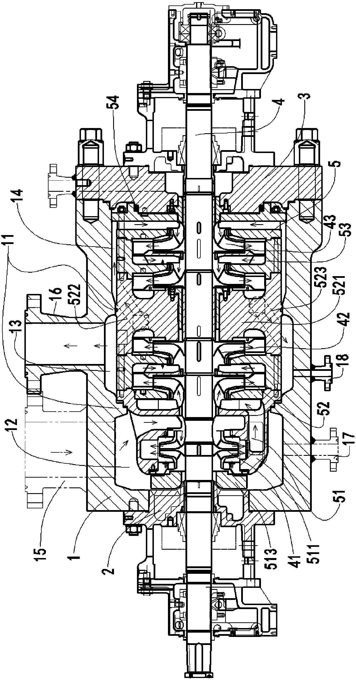 Double-shell symmetric radially-split multi-stage centrifugal pump with first-stage double-suction structure