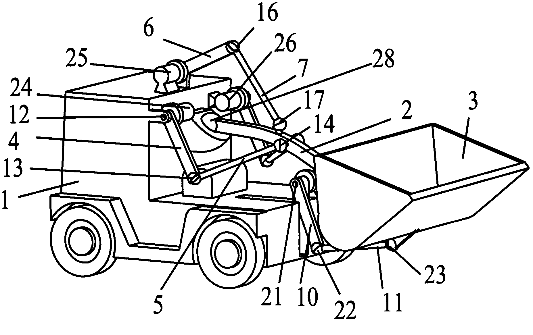 Three-dimensional rotating boom One-dimensional rotating bucket space controllable mechanism loader