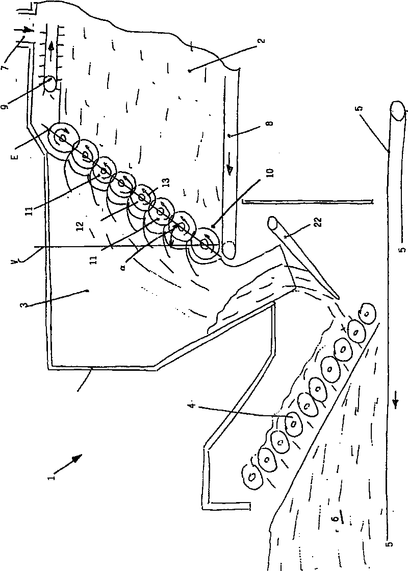 Device for distributing granular material onto a continuously travelling support and bunker for granular material