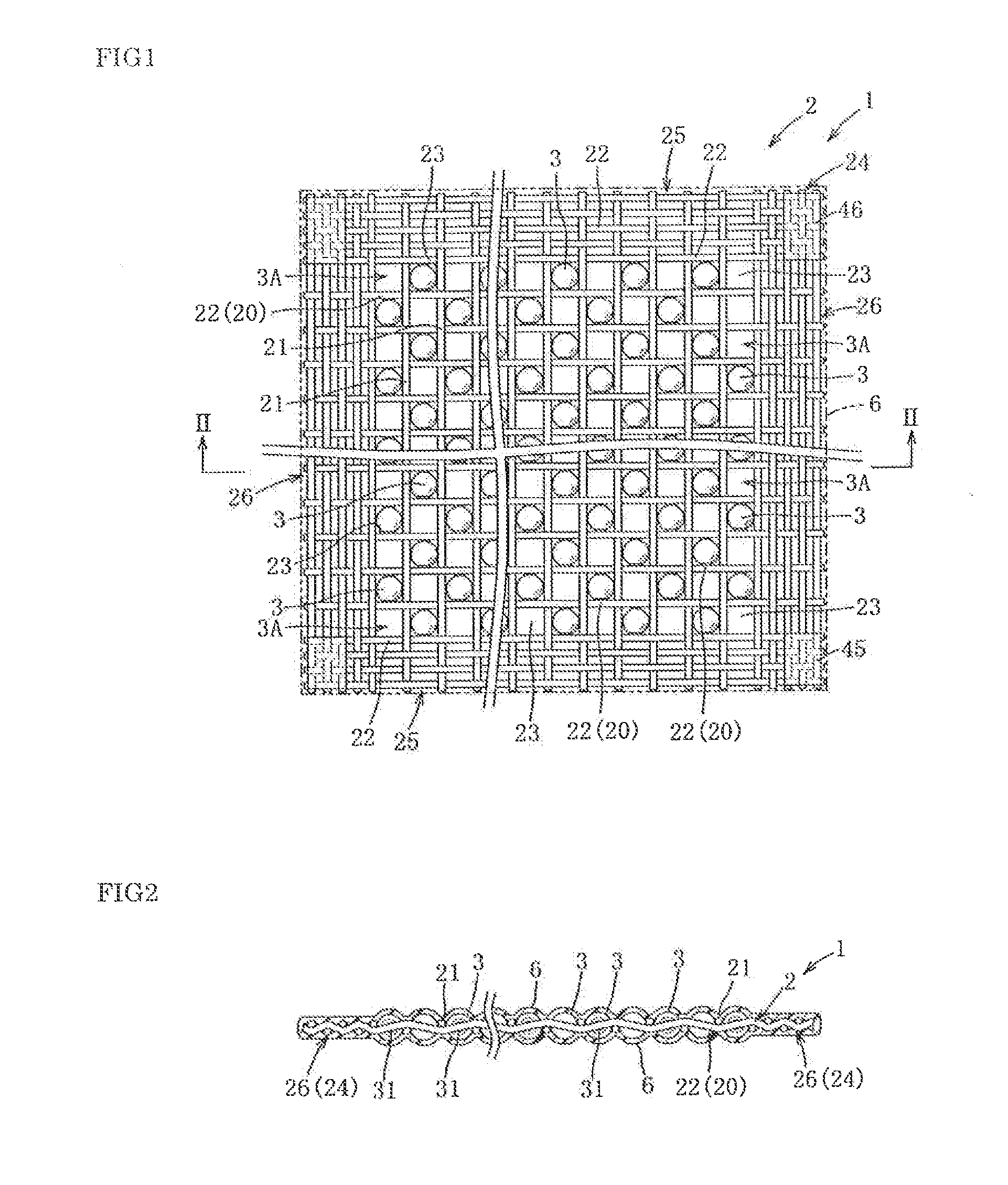 Woven mesh substrate with semiconductor elements, and method and device for manufacturing the same