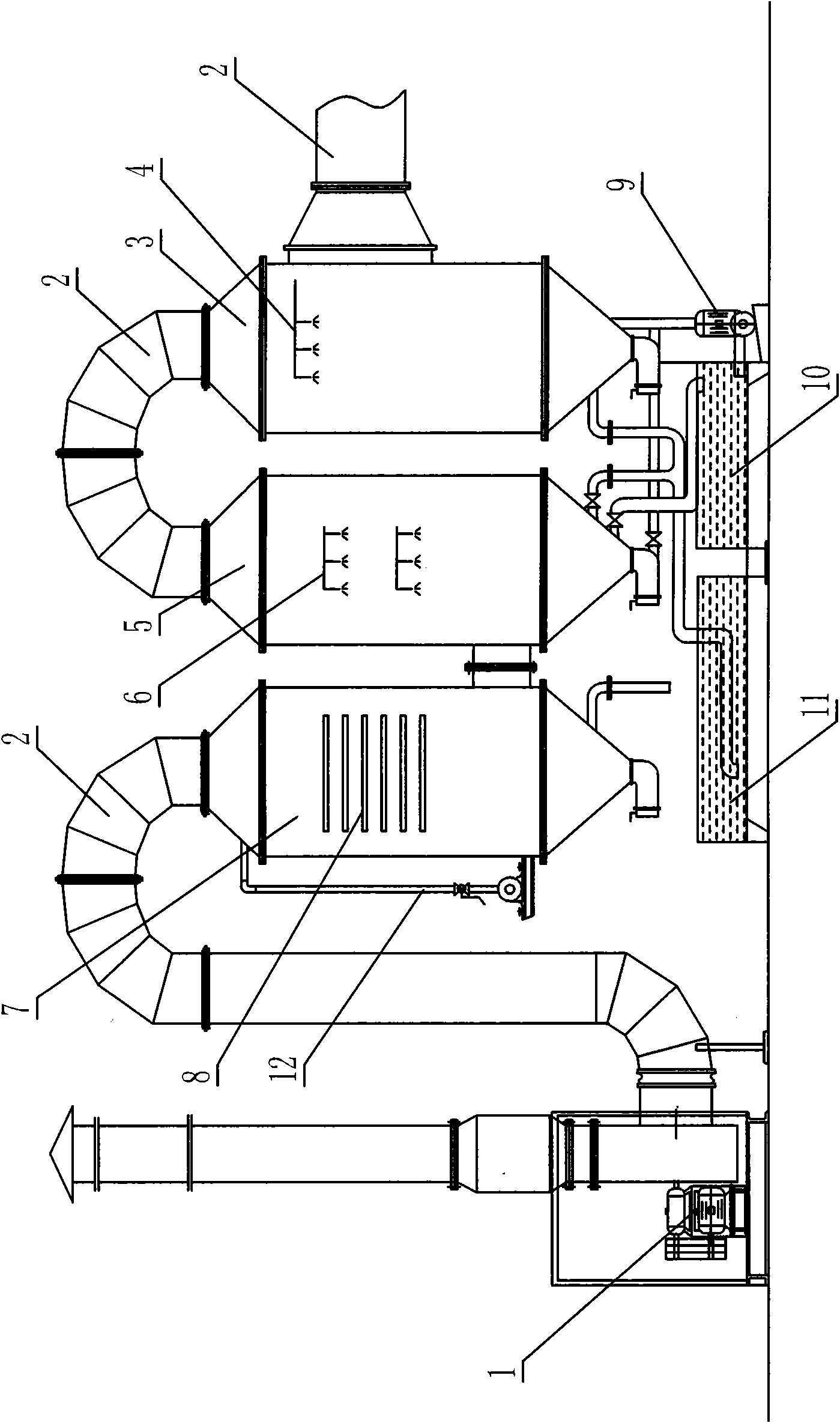 Purification treatment method and device of mixed and smelly rubber smoke exhaust gas