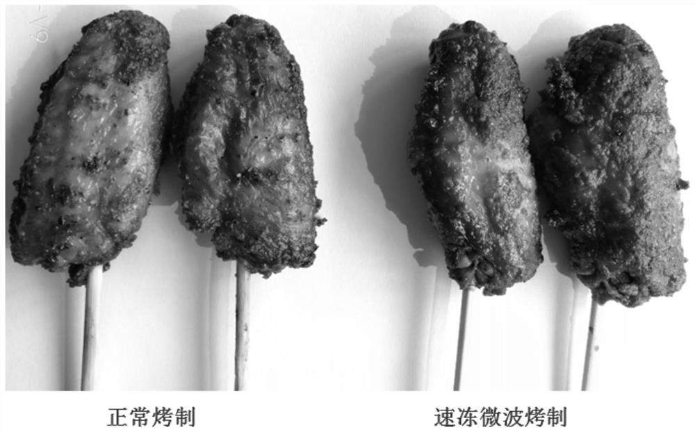 Quick-frozen food material for barbecuing and production method therefor