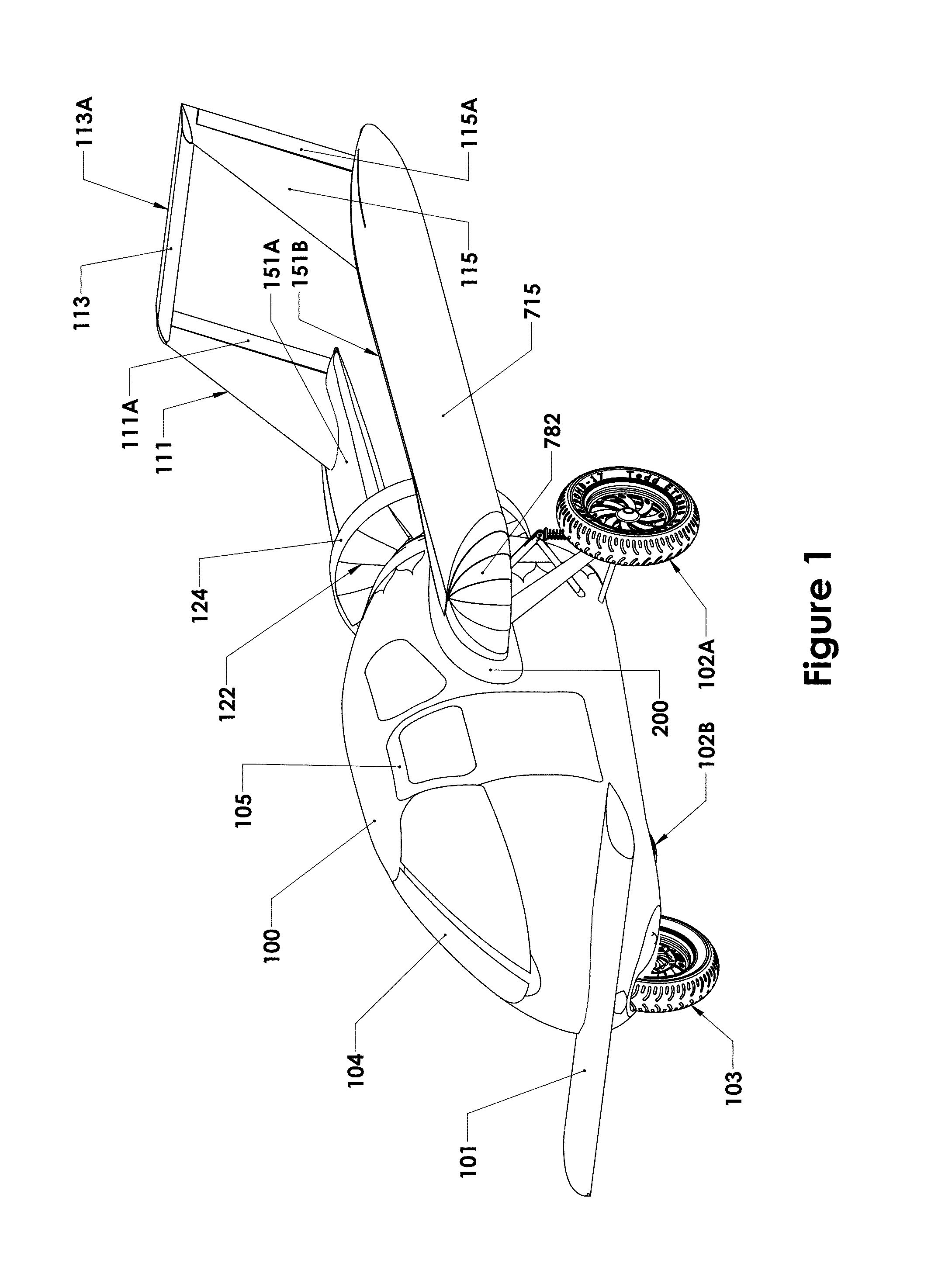 Roadable aircraft with collapsible wings and ductless fan