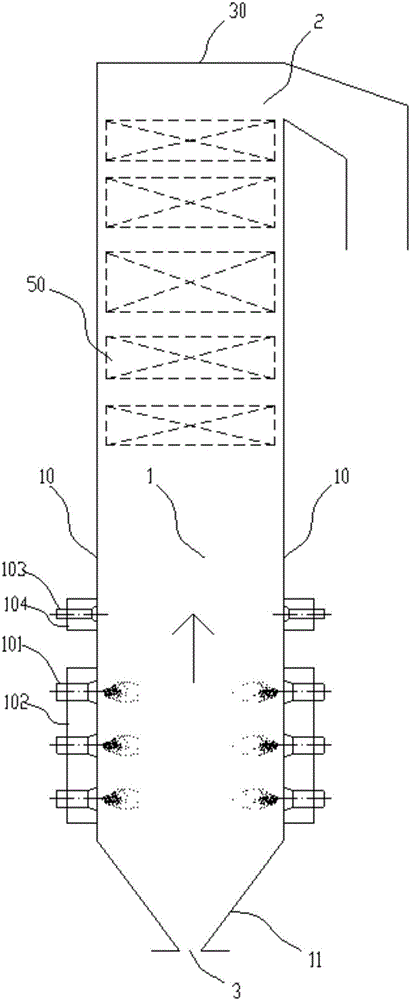 Pulverized coal fired boiler hearth provided with variable-section combustor area and adapting to flexible peak shaving