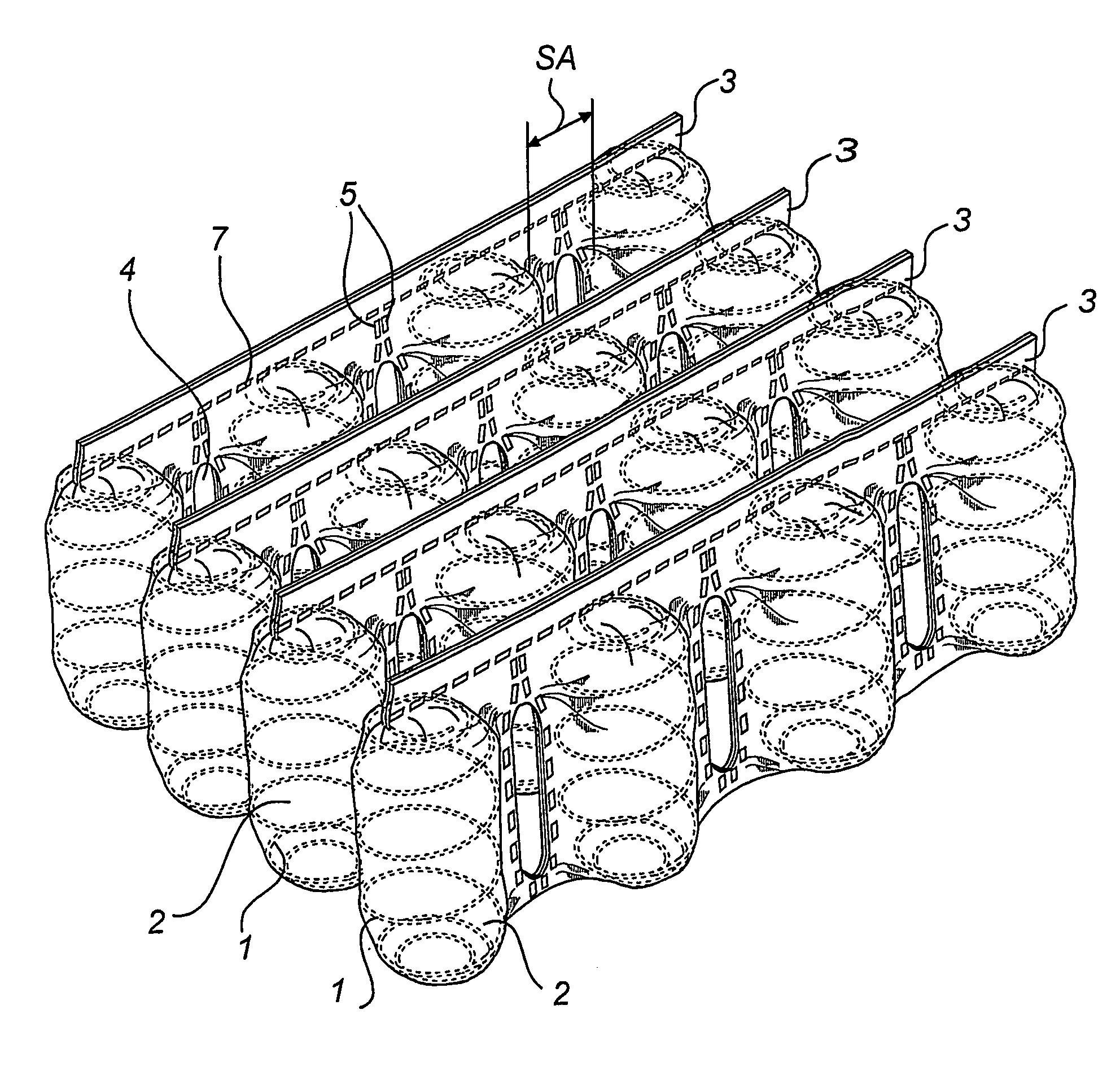 Separated pocket spring mattress with cut through string, and method and apparatus for production of such mattress