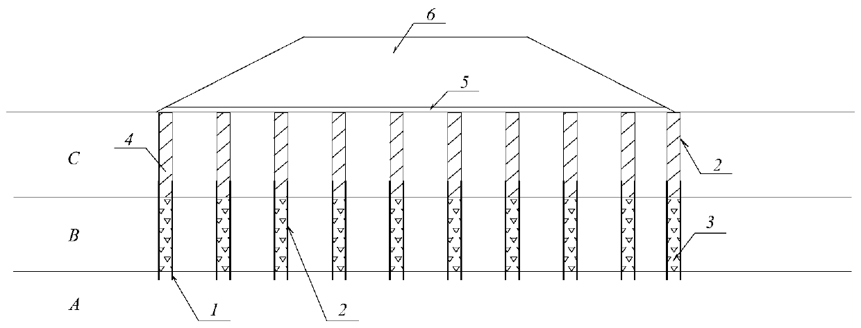 Construction method of foundation reinforcement structure of soft soil overlaying construction waste dump