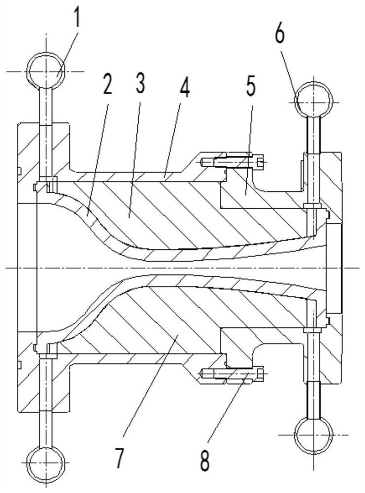 Structure of water-cooling throat of high-Mach-number molded surface spray pipe for hypersonic wind tunnel