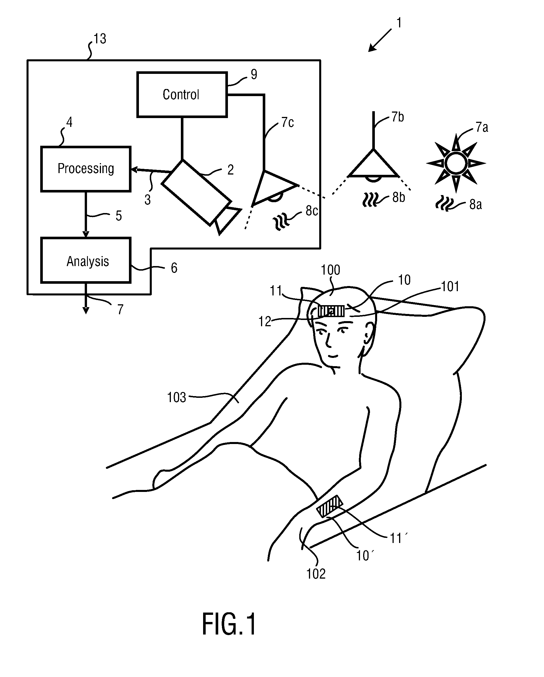 Marker with light emitting area for use in determining vital sign information